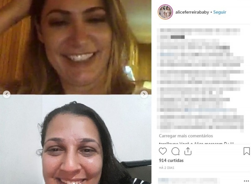 Mãe de Alice durante ligação de vídeo com Michele Bolsonaro (Foto: Reprodução Instagram)