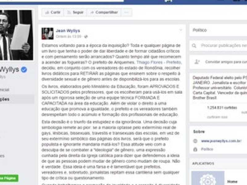 Jean fez post criticando prefeito por causa de retirada de união gay em livros (Foto: Facebook/Jean Wyllys) (Foto: Reprodução G1-RO)