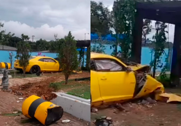Camaro destrói parte de capela da Aeronáutica e motorista foge - VÍDEO