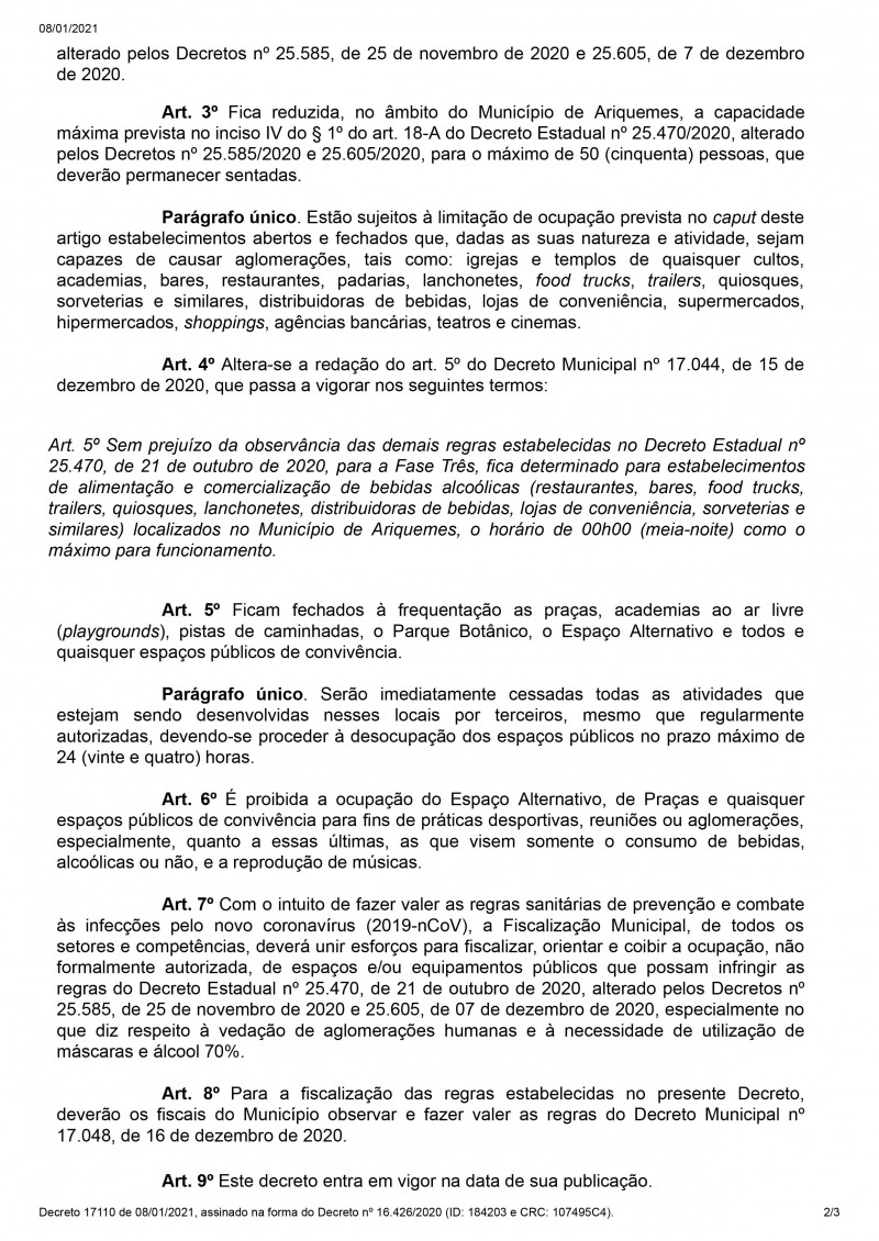 Decreto Municipal de Ariquemes (Foto: Divulgação)