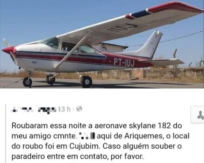 Avião agrícola, monomotor cessna 182, comercializado com nome de skylane 182 foi roubado de fazenda de Cujubim (Foto: Reprodução/Facebook)