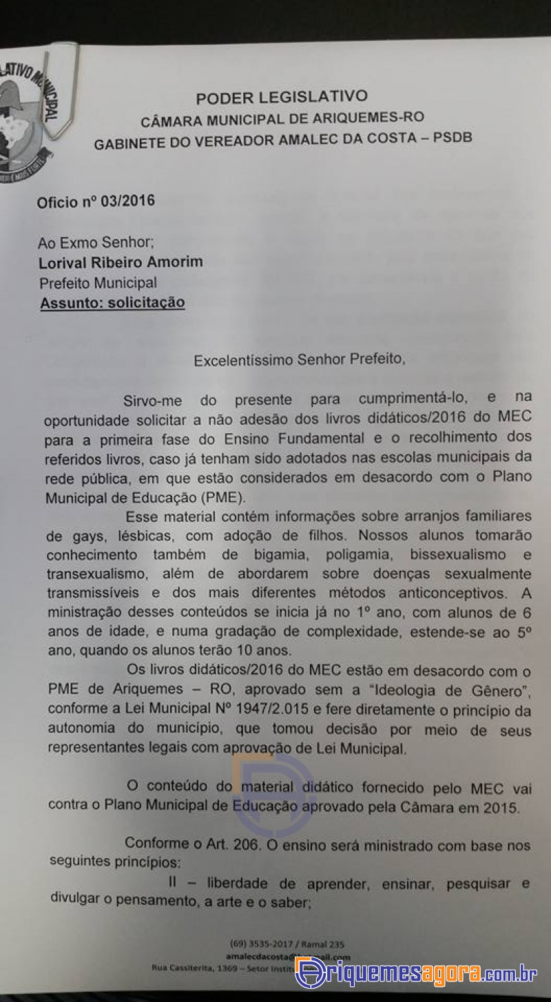 Ver. Amalec da Costa solicita ao Exec. Munic. que não adote Material do MEC com Ideologia de Gênero