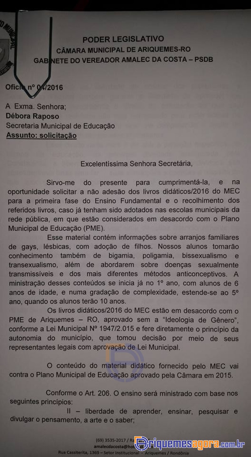 Ver. Amalec da Costa solicita ao Exec. Munic. que não adote Material do MEC com Ideologia de Gênero