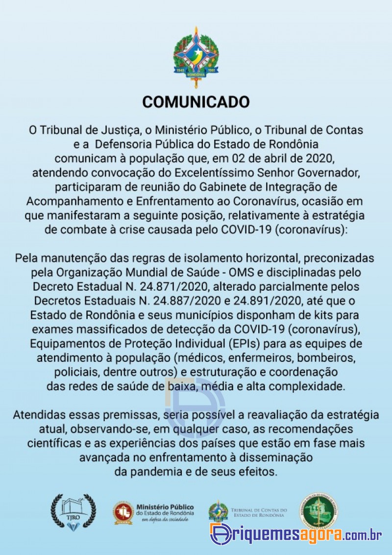 Covid-19: Comunicado Conjunto: Tribunal de Justiça, Ministério Público, Tribunal de Contas e Defenso
