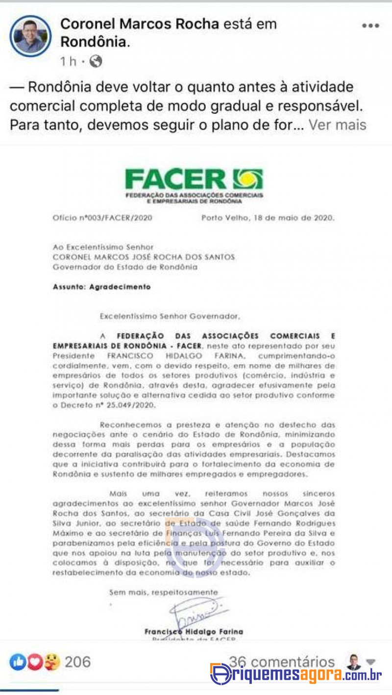 Marcos Rocha destaca parceria como setor produtivo na retomada da economia
