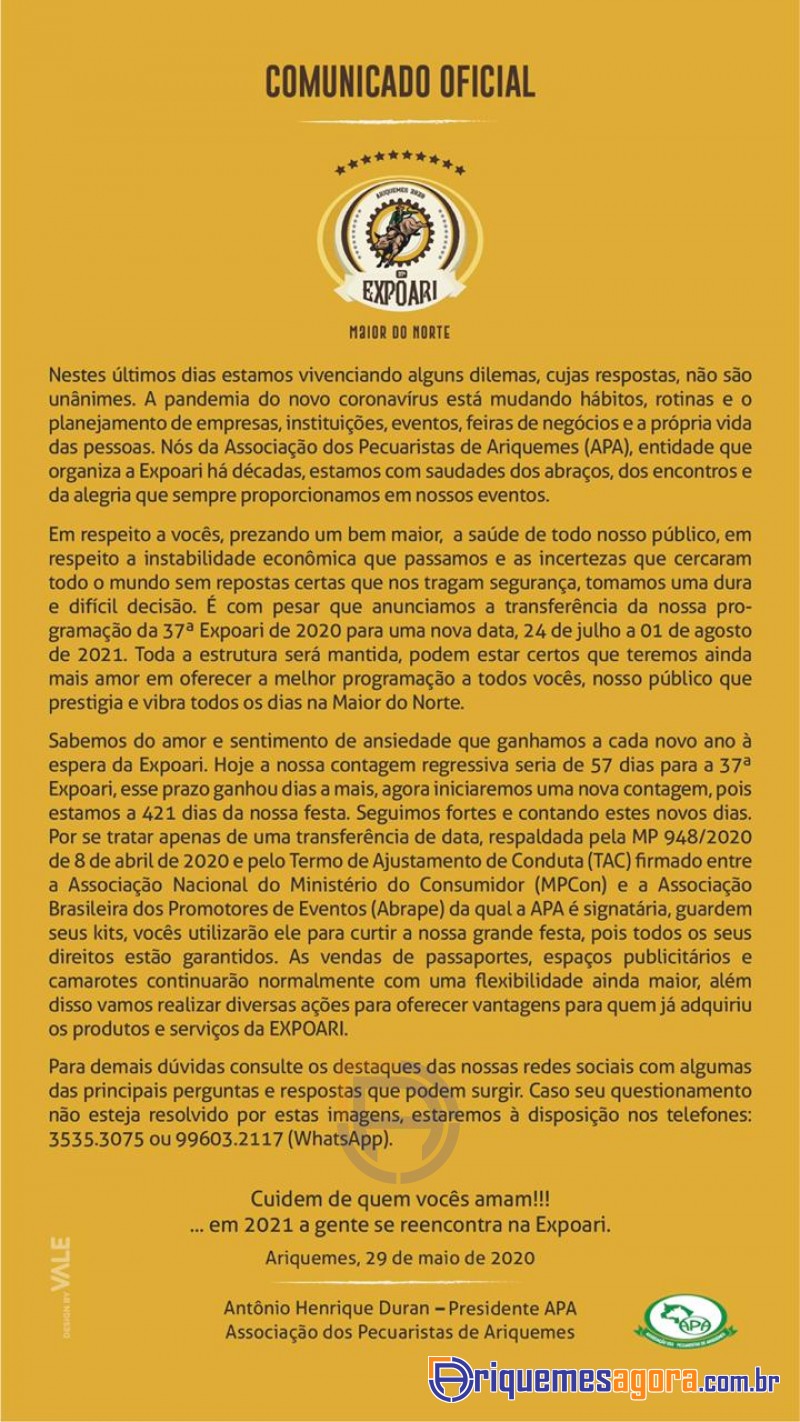 37ª EXPOARI - COMUNICADO OFICIAL APA - ASSOCIAÇÃO DOS PECUARISTAS DE ARIQUEMES