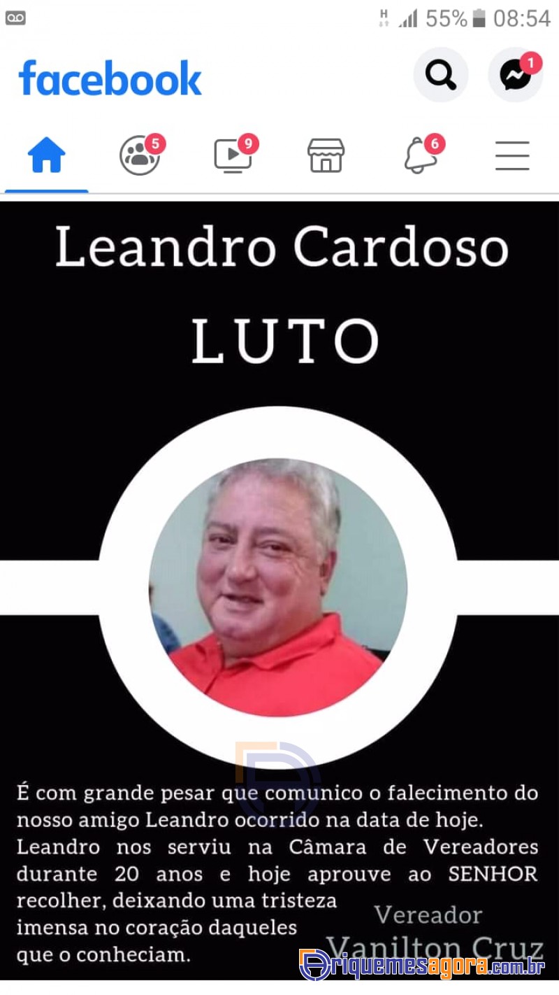 NOTA DE PESAR Leandro Cardoso, 58 anos servidor da Câmara Municipal de Ariquemes