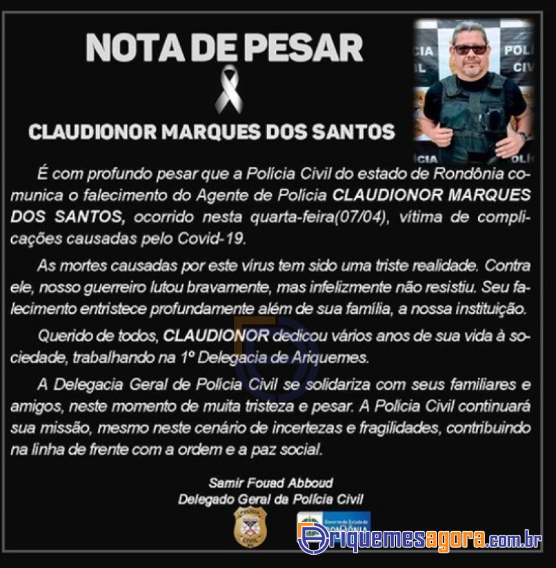 Nota de Pesar pelo falecimento do Agente de Polícia Civil Claudionor Marques Vítima de Covid-19