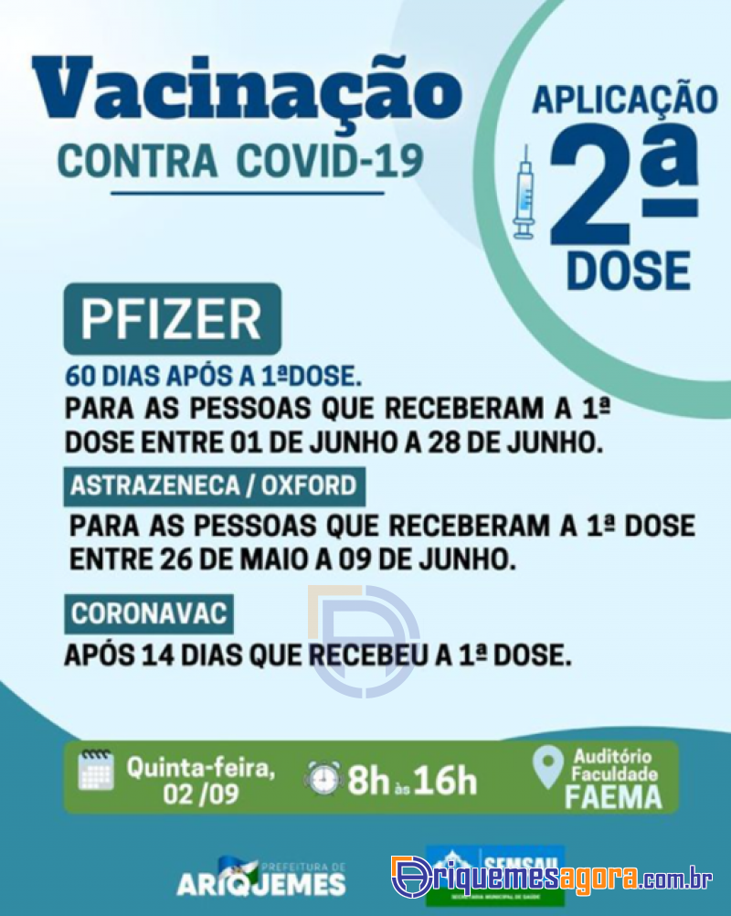 Se liga! A vacinação  contra Covid-19 - 2ª dose ocorrerá  nesta quinta-feira 02/09 em Ariquemes
