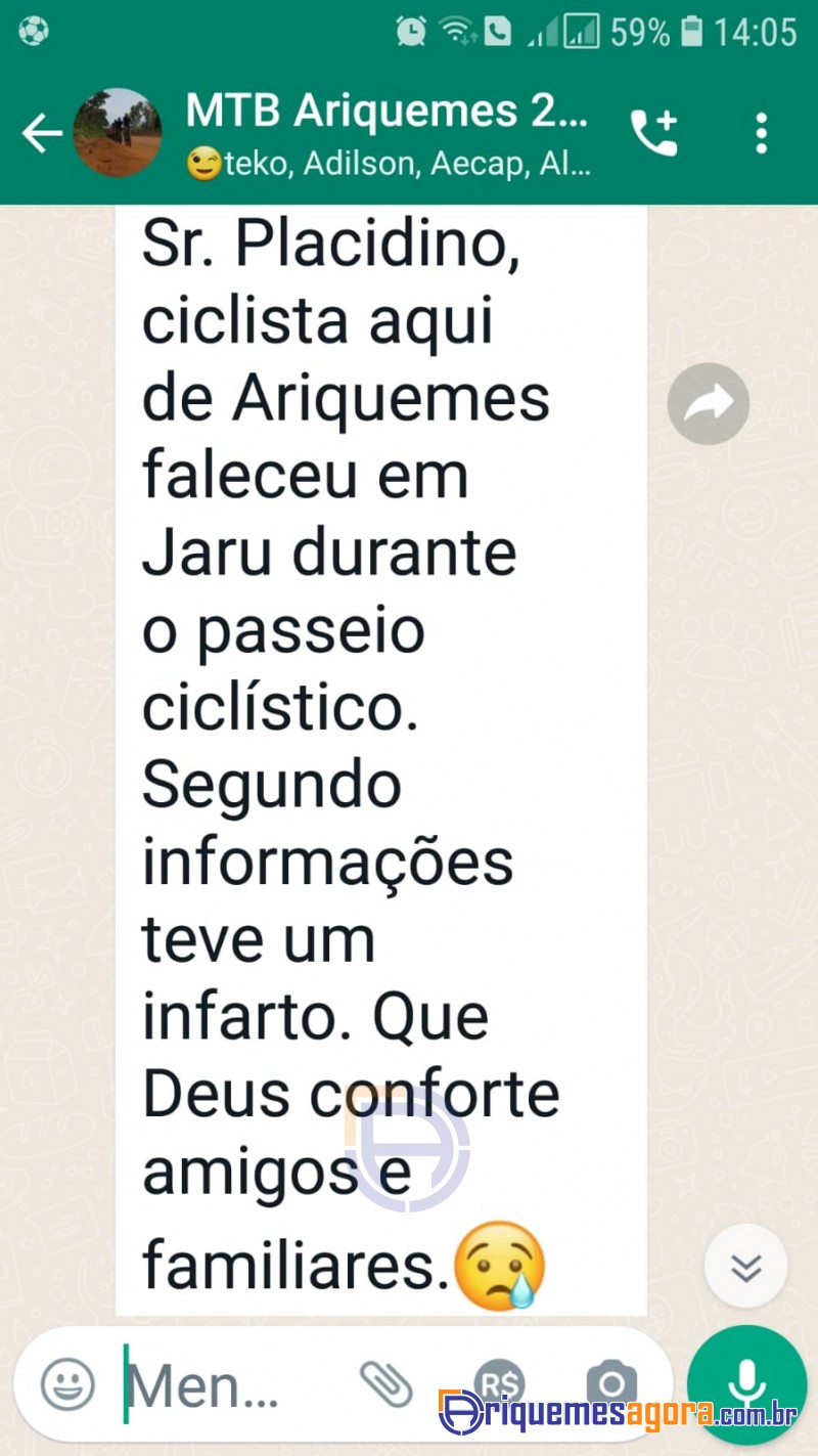 NOTA DE PESAR pelo falecimento Sr. Placidino Ribeiro de Ariquemes