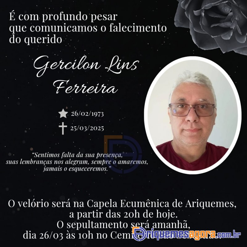 Nota pesar Falecimento de Gecilon Lins ferreira Popular “Ceará” de Ariquemes
